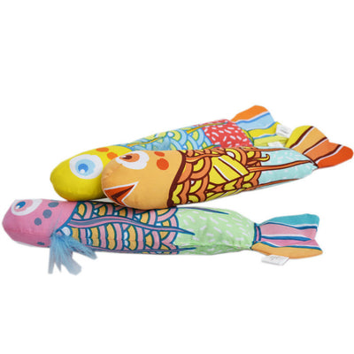 Three colorful plush fish cat toys, each with unique patterns in yellow, pink, and orange, on retail packaging. - Image 4