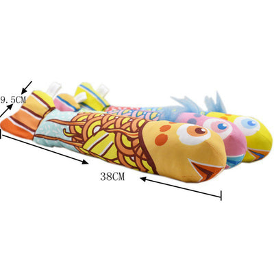 Three colorful plush fish cat toys, each with unique patterns in yellow, pink, and orange, on retail packaging. - Image 5
