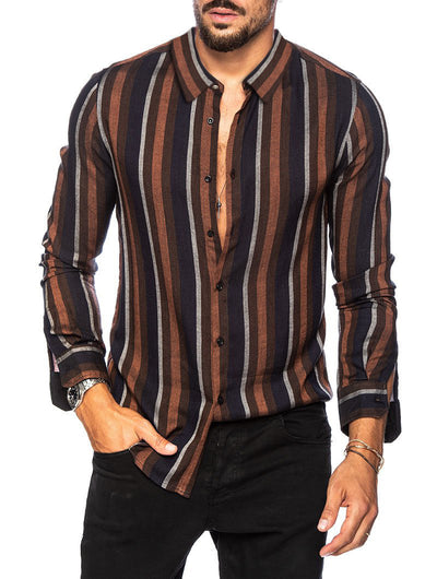 Camisa Manga Larga Slim Fit a Rayas Multicolor con Solapa para Hombre - Image 2