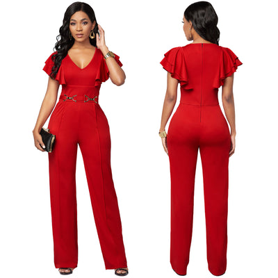 Jumpsuit Casual Elegante de Manga Larga con Escote en V para Mujer