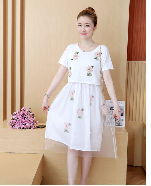 Vestido Lactancia Talla Grande Estilo Coreano Falso Dos Piezas Manga Corta Verano - Image 11