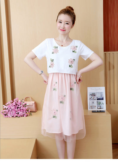 Vestido Lactancia Talla Grande Estilo Coreano Falso Dos Piezas Manga Corta Verano - Image 16