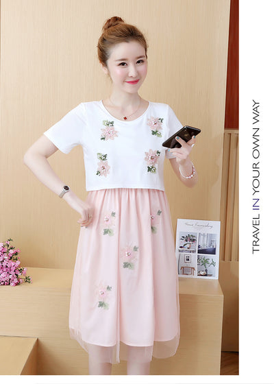 Vestido Lactancia Talla Grande Estilo Coreano Falso Dos Piezas Manga Corta Verano - Image 13
