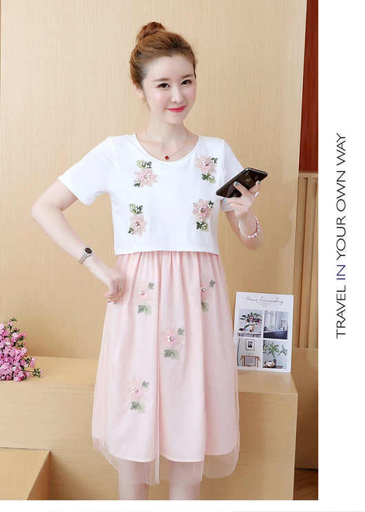 Vestido Lactancia Talla Grande Estilo Coreano Falso Dos Piezas Manga Corta Verano - Image 13