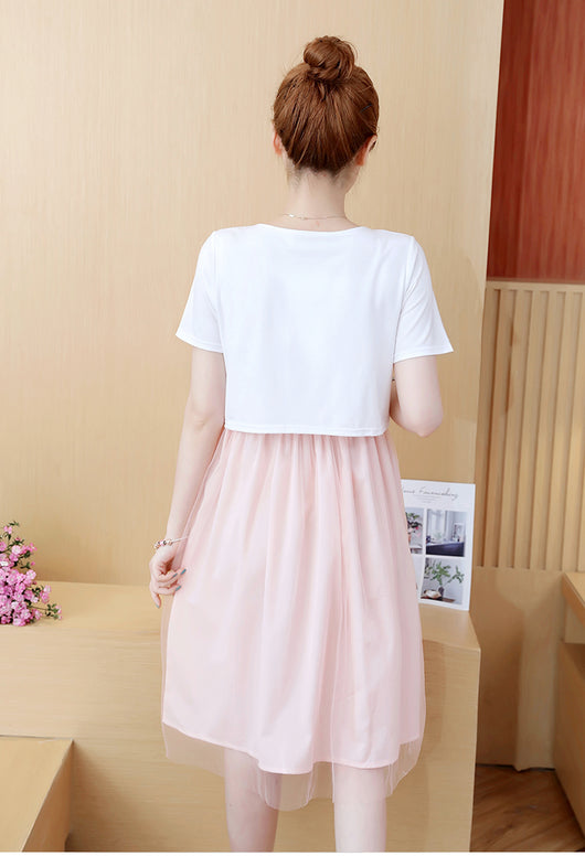 Vestido Lactancia Talla Grande Estilo Coreano Falso Dos Piezas Manga Corta Verano - Image 15