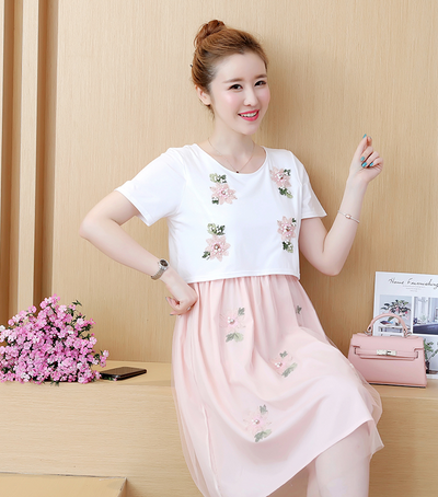 Vestido Lactancia Talla Grande Estilo Coreano Falso Dos Piezas Manga Corta Verano - Image 4