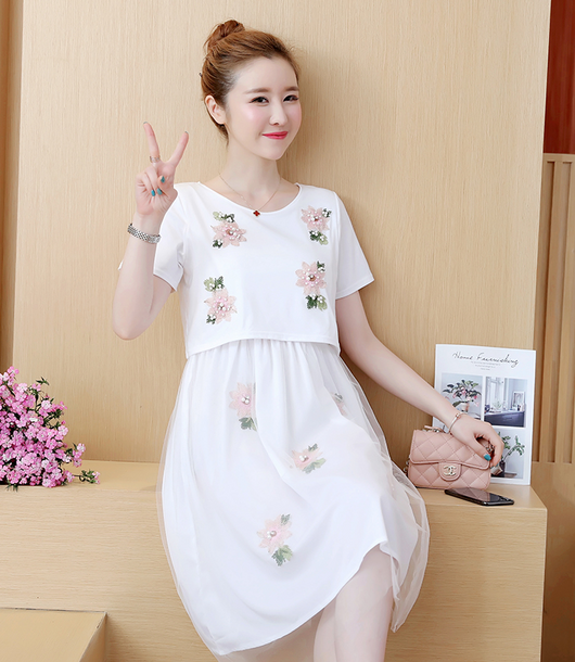 Vestido Lactancia Talla Grande Estilo Coreano Falso Dos Piezas Manga Corta Verano - Image 5