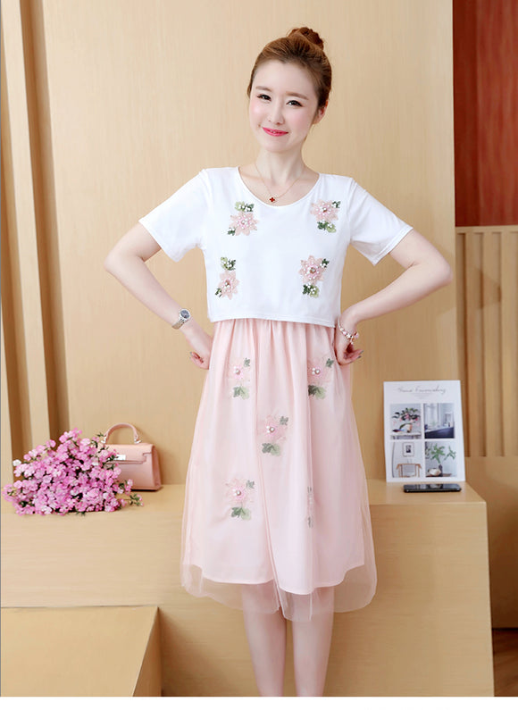 Vestido Lactancia Talla Grande Estilo Coreano Falso Dos Piezas Manga Corta Verano