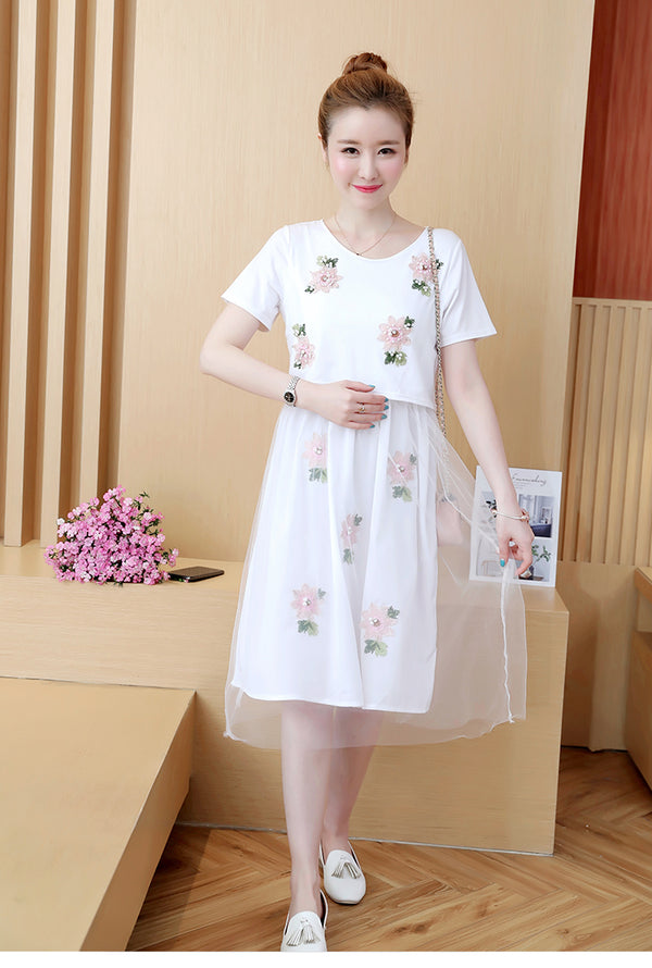 Vestido Lactancia Talla Grande Estilo Coreano Falso Dos Piezas Manga Corta Verano - Image 3