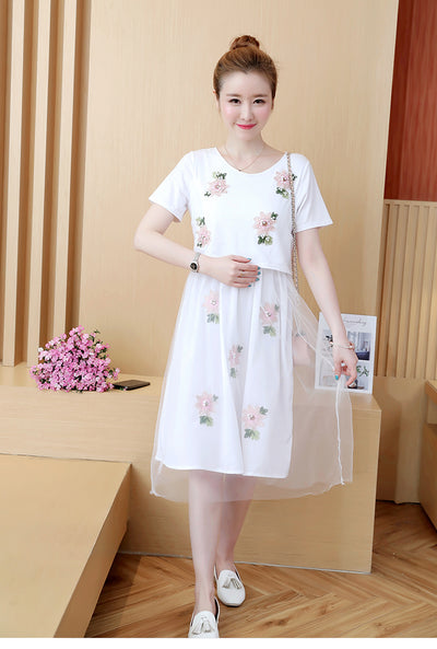 Vestido Lactancia Talla Grande Estilo Coreano Falso Dos Piezas Manga Corta Verano - Image 3