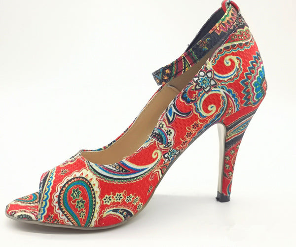 Sandalias de Tacón Alto con Estampado Étnico y Hebilla Ajustable - Tallas Grandes