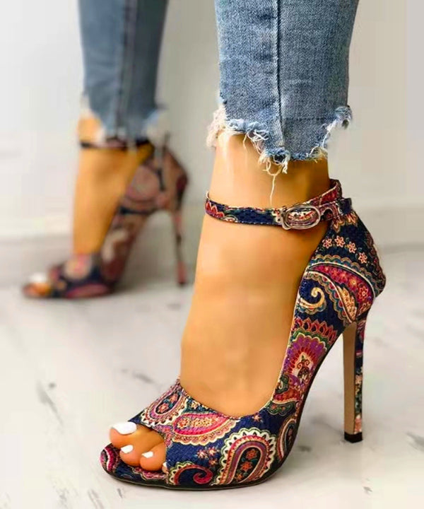 Sandalias de Tacón Alto con Estampado Étnico y Hebilla Ajustable - Tallas Grandes