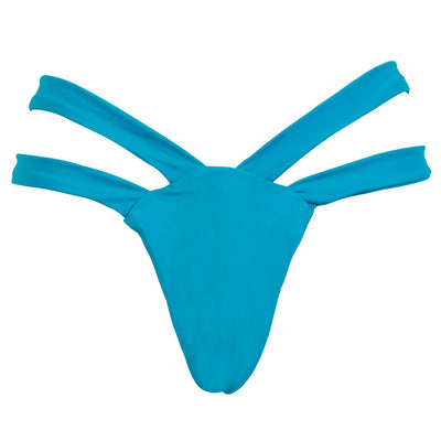Black solid color bikini bottom with a high-cut leg and a wide, folded cross strap waistband. - Image 12