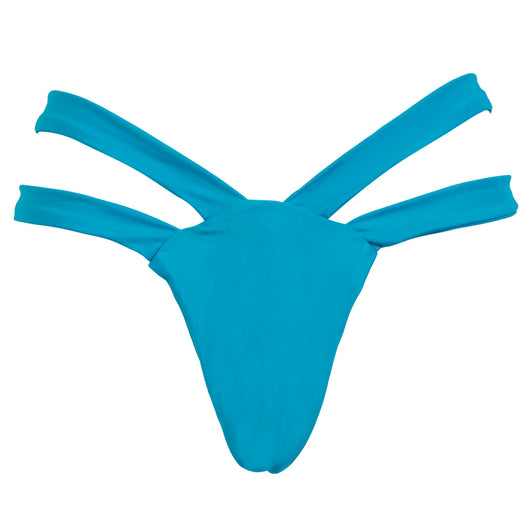 Black solid color bikini bottom with a high-cut leg and a wide, folded cross strap waistband. - Image 12