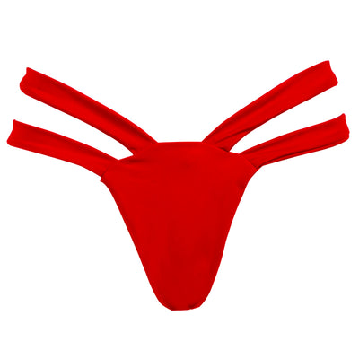 Black solid color bikini bottom with a high-cut leg and a wide, folded cross strap waistband. - Image 14