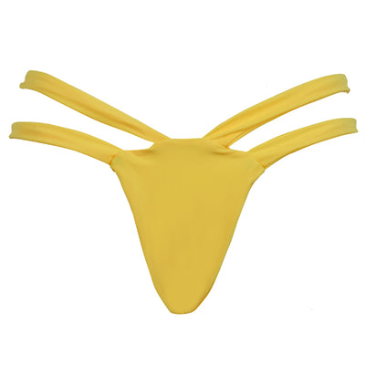 Black solid color bikini bottom with a high-cut leg and a wide, folded cross strap waistband. - Image 13