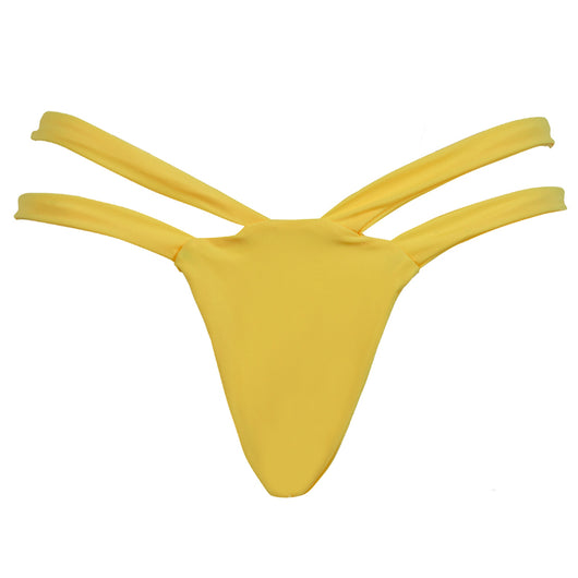 Black solid color bikini bottom with a high-cut leg and a wide, folded cross strap waistband. - Image 13