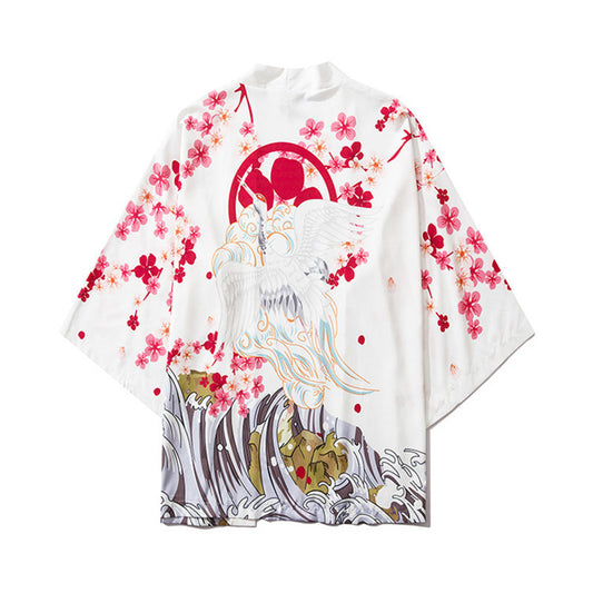 Bata Hanfu Tradicional con Diseño de Grulla Pintada - Manga Tres Cuartos Unisex
