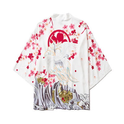 Bata Hanfu Tradicional con Diseño de Grulla Pintada - Manga Tres Cuartos Unisex