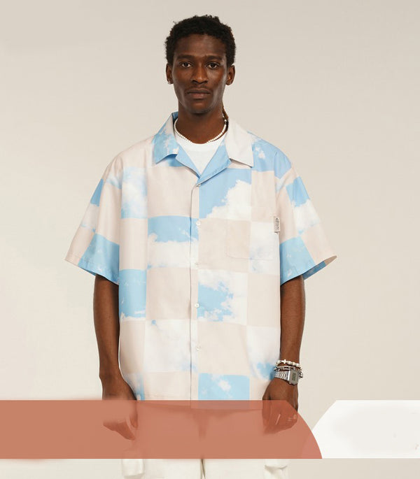 Camisa Casual Hombre Cuadros Azul Cielo Diseño Plaid Manga Corta Suelta