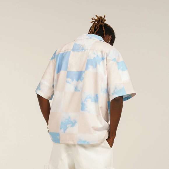 Camisa Casual Hombre Cuadros Azul Cielo Diseño Plaid Manga Corta Suelta