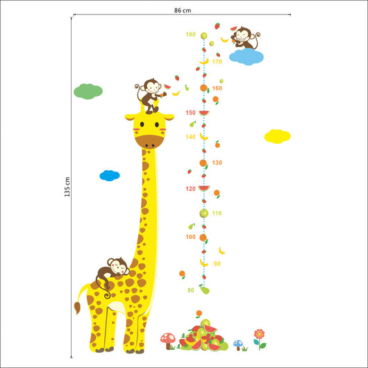 Cartoon giraffe height chart wall sticker with monkeys, fruits, and clouds for a child's room, measuring 50x70cm. - Image 8