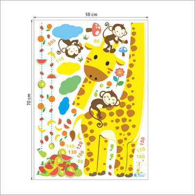 Cartoon giraffe height chart wall sticker with monkeys, fruits, and clouds for a child's room, measuring 50x70cm. - Image 10