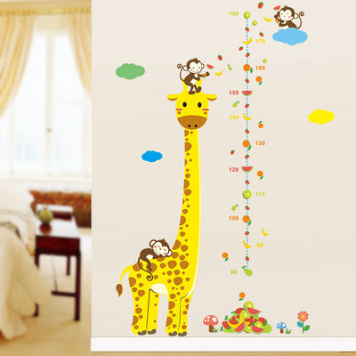 Cartoon giraffe height chart wall sticker with monkeys, fruits, and clouds for a child's room, measuring 50x70cm. - Image 9