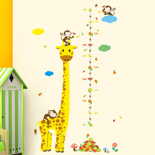 Cartoon giraffe height chart wall sticker with monkeys, fruits, and clouds for a child's room, measuring 50x70cm. - Image 5
