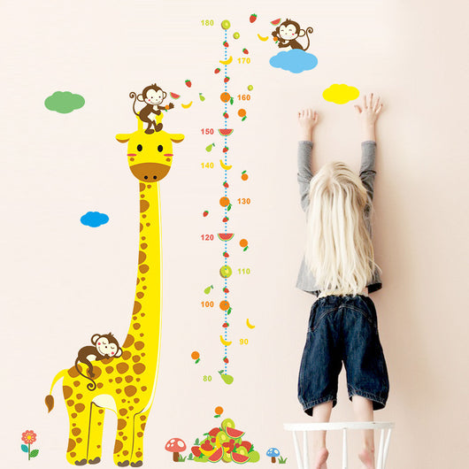 Cartoon giraffe height chart wall sticker with monkeys, fruits, and clouds for a child's room, measuring 50x70cm. - Image 2
