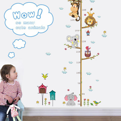 Cartoon zoo animal height chart wall sticker with elephant, lion, monkey, koala, owl, and toucan on a tree. - Image 2