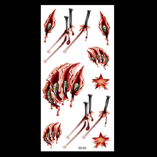 Sheet of temporary tattoos with horror designs including bloody claw marks, nails piercing skin, and red stars. - Image 11