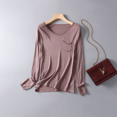Blusa de Algodón y Seda para Otoño e Invierno - Cuello V Manga Larga Térmica - Image 8