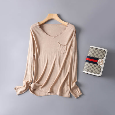 Blusa de Algodón y Seda para Otoño e Invierno - Cuello V Manga Larga Térmica - Image 6