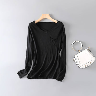 Blusa de Algodón y Seda para Otoño e Invierno - Cuello V Manga Larga Térmica - Image 7