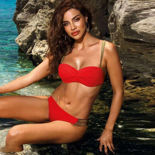 Bikini Sólido de Talle Medio con Braga Ancha y Copa Fruncida para Mujer - Image 3