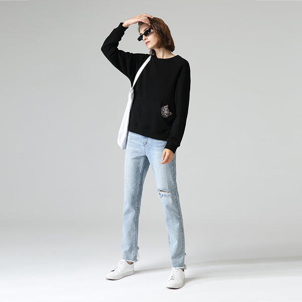 Suéter Suelto con Bordado Primavera - Blusa Cuello Redondo Mujer Otoño