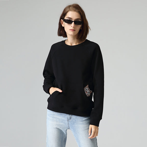 Suéter Suelto con Bordado Primavera - Blusa Cuello Redondo Mujer Otoño