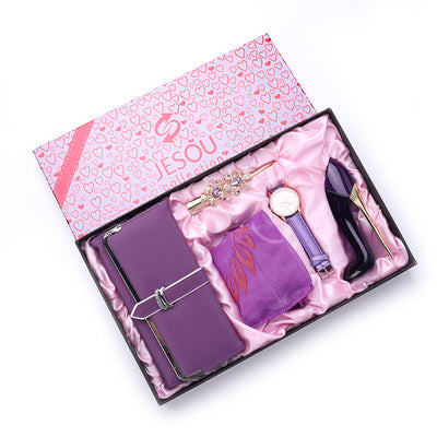 Set Completo de Accesorios Elegantes: Cartera, Bufanda, Tacones, Reloj y Perfume
