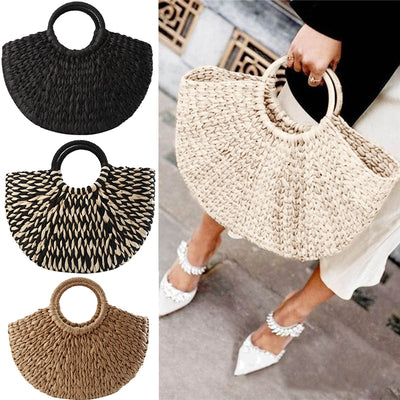 Bolso Tejido de Ratán y Mimbre para Mujer - Bolsa Viajera Semicircular de Gran Capacidad