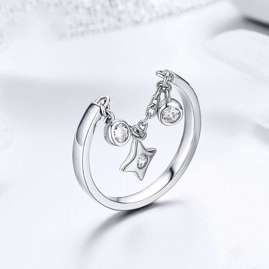 Anillo Abierto de Plata Esterlina con Cruz Plateado en Platino - Moda Europea y Americana