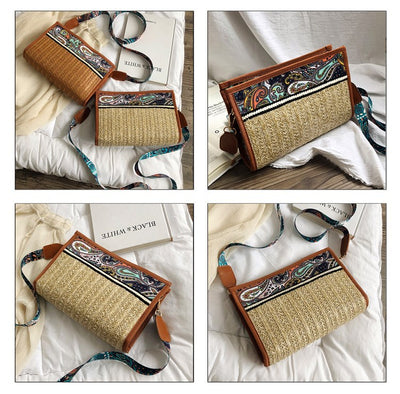 Bolsa de Playa Étnica Retro de Paja - Bandolera Bohemia para Mujer - Image 4