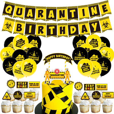 Kit Decorativo Temático de Fiesta en Cuarentena con Globos Virus, Banderines y Toppers para Pastel