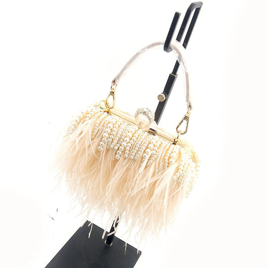Bolso de Noche Elegante con Plumas de Avestruz y Cadena de Perlas - Image 10