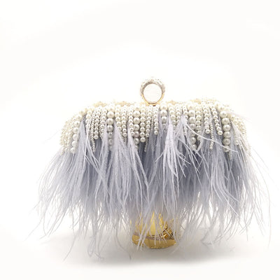 Bolso de Noche Elegante con Plumas de Avestruz y Cadena de Perlas - Image 2