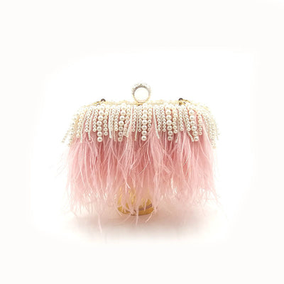 Bolso de Noche Elegante con Plumas de Avestruz y Cadena de Perlas - Image 5