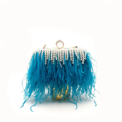 Bolso de Noche Elegante con Plumas de Avestruz y Cadena de Perlas - Image 3
