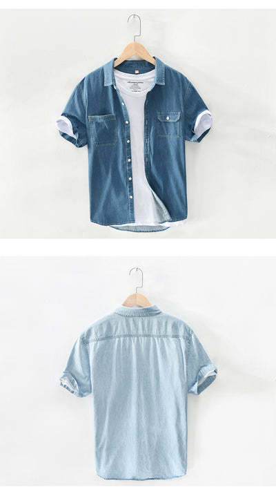 Camisa Denim Manga Corta Hombre Algodón Puro Lavado Retro Japonés - Image 8