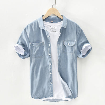 Camisa Denim Manga Corta Hombre Algodón Puro Lavado Retro Japonés - Image 11
