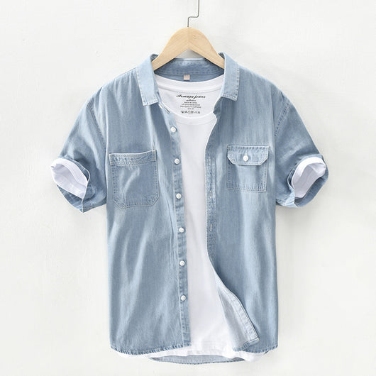 Camisa Denim Manga Corta Hombre Algodón Puro Lavado Retro Japonés - Image 11